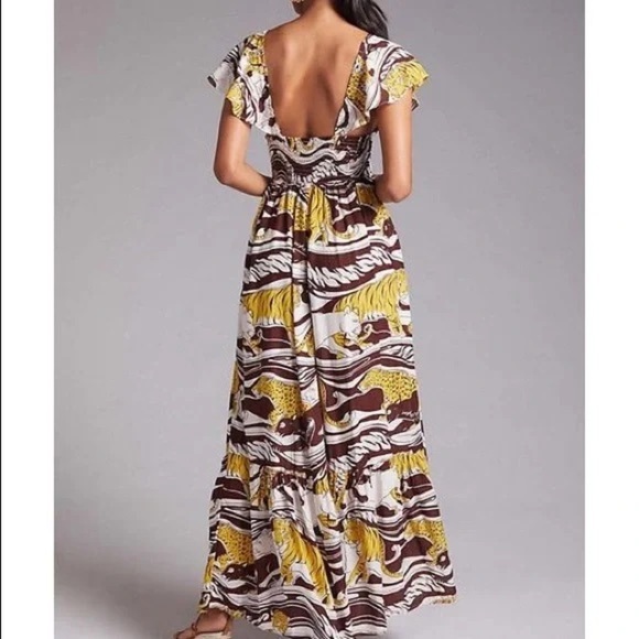 Anthropologie Short Sleeve Ruffled Smocked Maxi Dress Brown Panther Print Small - Picture 10 of 11
